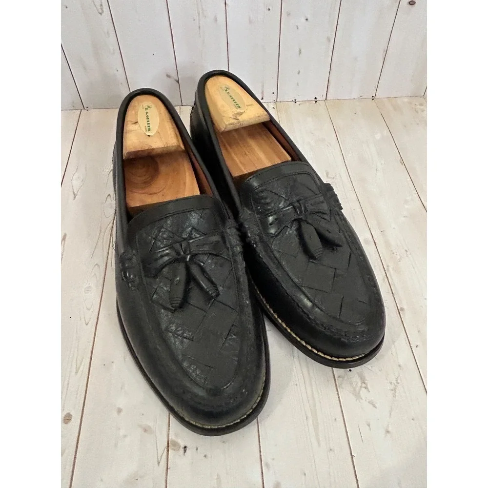 H.S. TRASK Men's Black Leather Basket Weave Tassel Loafer Slip On Size 9.5‎ M